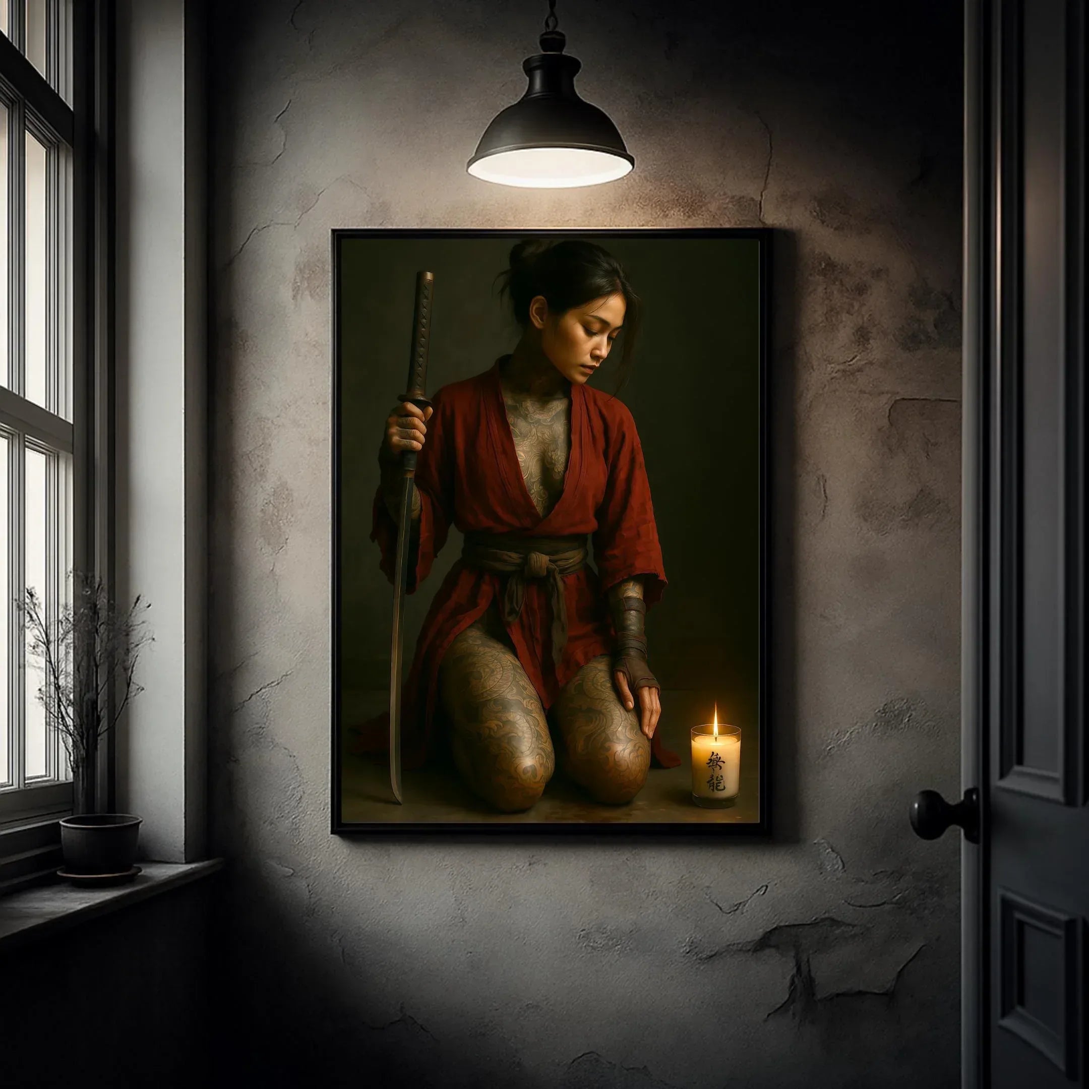 Red Kimono Warrior Poster, Tattooed Female Samurai Wall Art, Premium Paper Print or Digital Download, Multiple Sizes - AffinityArts 