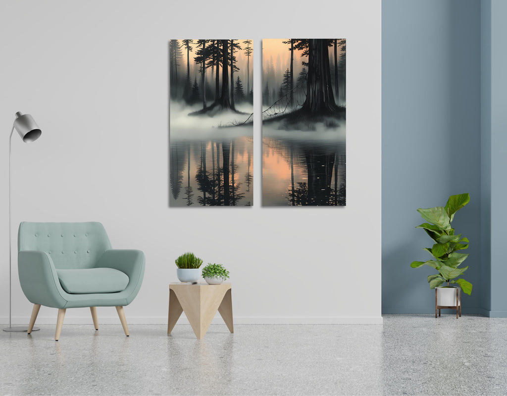 Canvas Wall Art Set – Misty Forest Lake Diptych Print, Foggy Pine Tree Landscape Posters AffinityArts