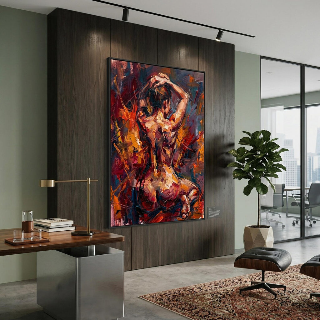 Close-up of abstract figure art print showing archival ink color depth, rich reds and warm ochre tones on premium matte paper surface