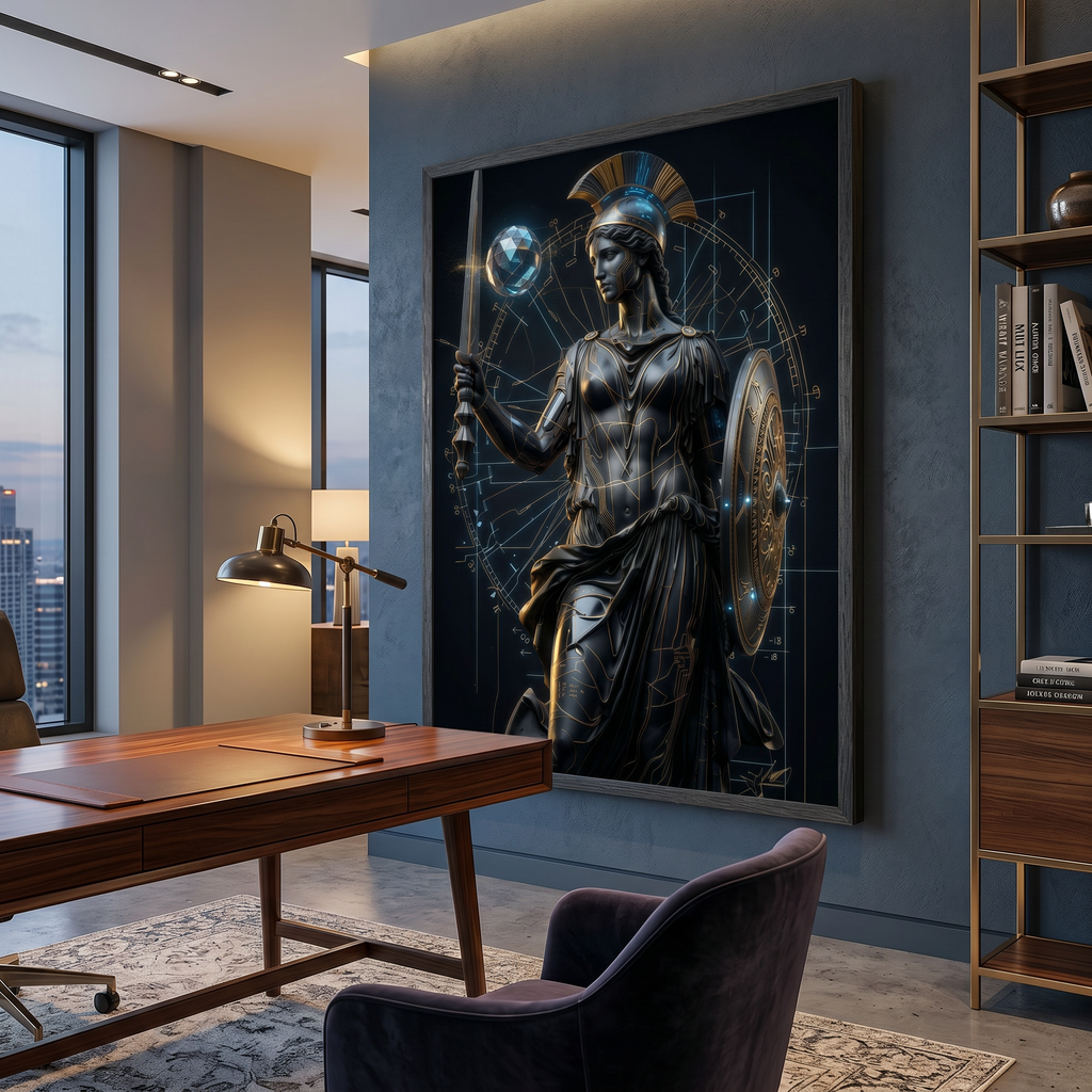athena wall art cyberpunk greek goddess poster with metallic gold details in modern office