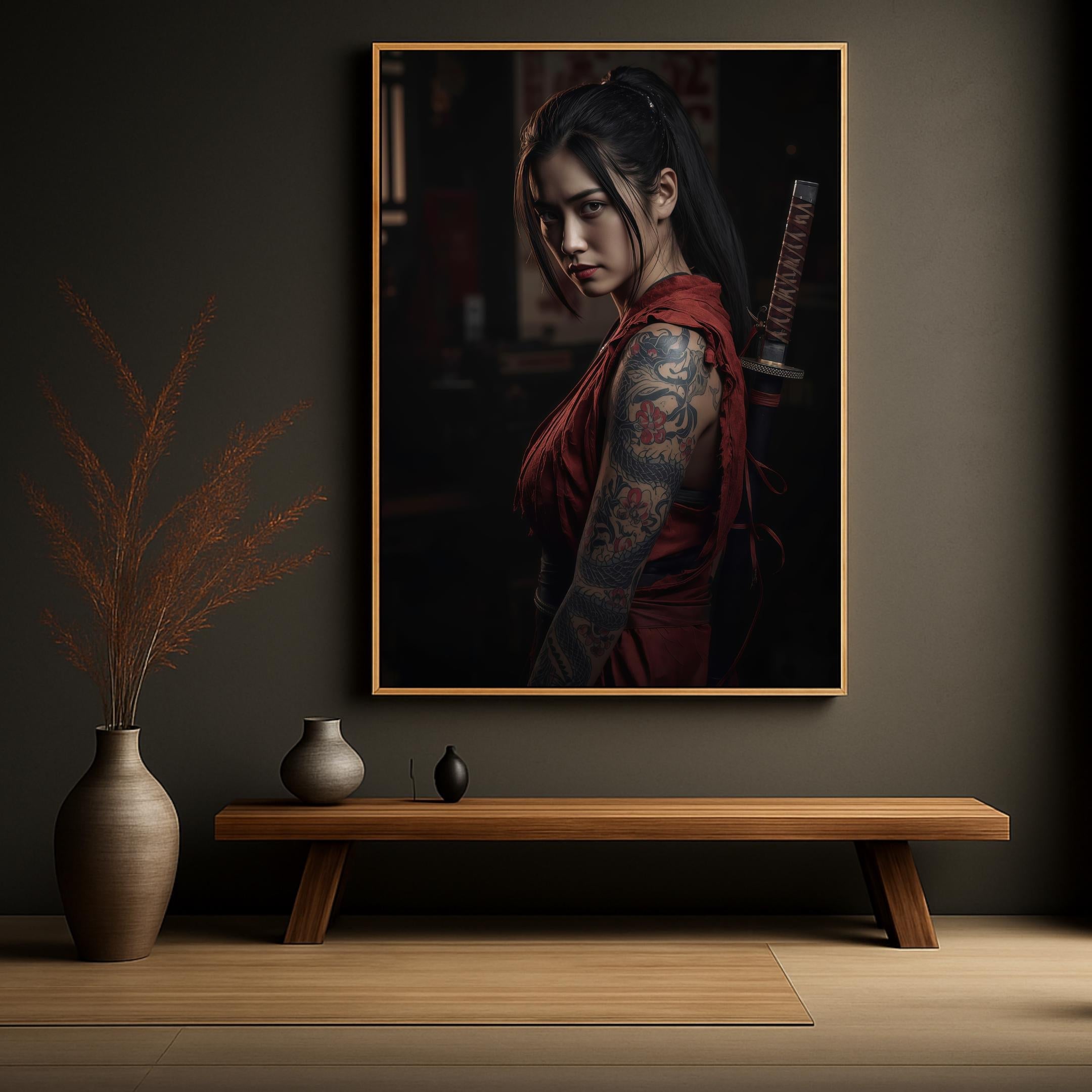 Samurai Woman Poster, Tattooed Female Warrior Wall Art, Japanese Style Print, Premium Paper, Digital Download Available AffinityArts