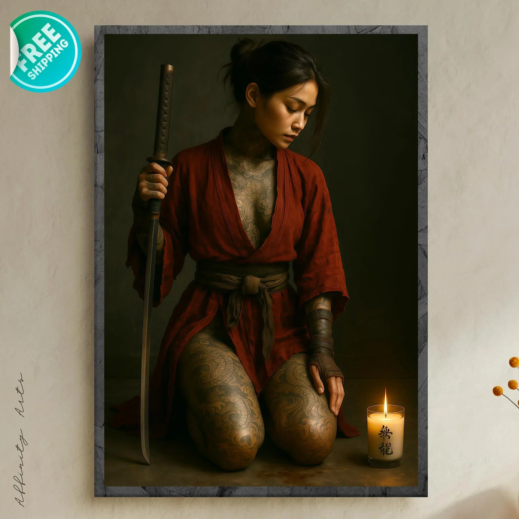 Red Kimono Warrior Poster, Tattooed Female Samurai Wall Art, Premium Paper Print or Digital Download, Multiple Sizes - AffinityArts 