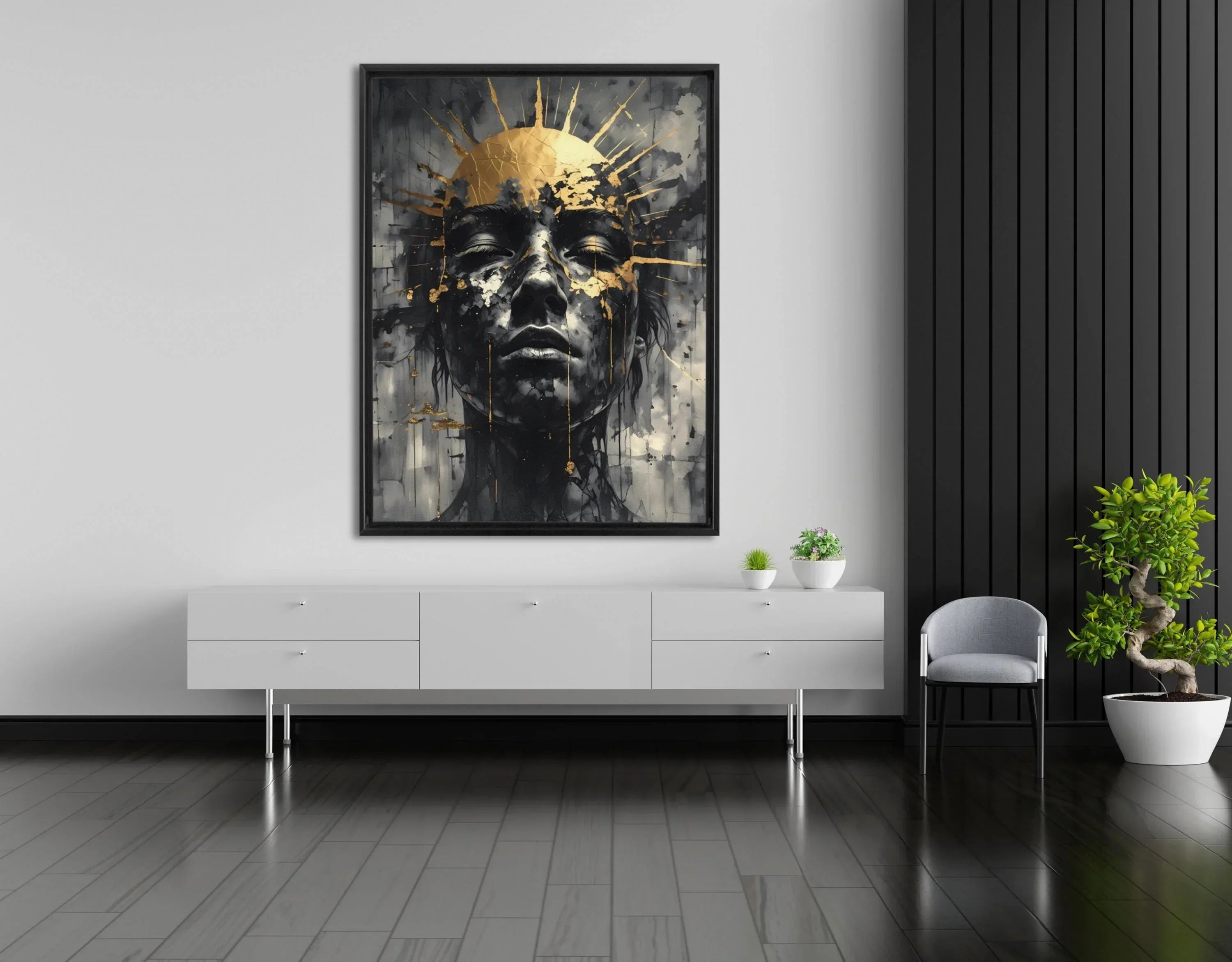 Canvas Wall Art – Abstract Golden Crown Portrait | Luxury Floating Frame Painting - AffinityArts 