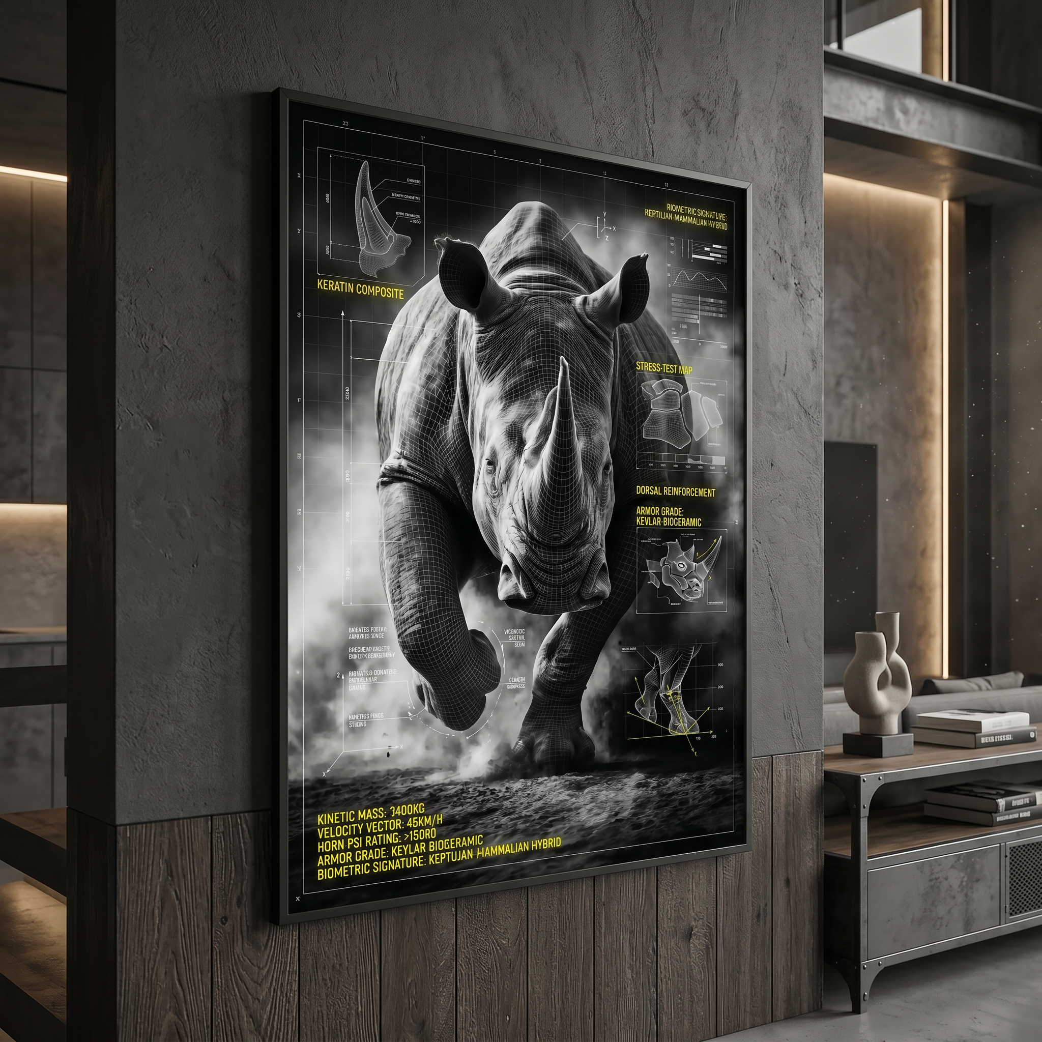nature rebuilt as a classified technical document, rhino blueprint art print