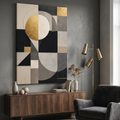 Bauhaus wall art with gold leaf circles and soft neutral geometric blocks in warm light