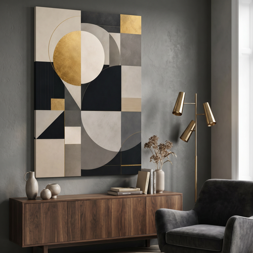 Bauhaus wall art with gold leaf circles and soft neutral geometric blocks in warm light