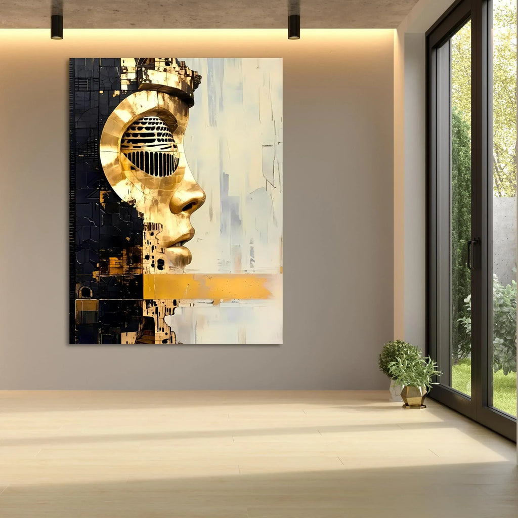 Modern Abstract Wall Art – Futuristic Golden Face Canvas, Cyberpunk Metal Texture Portrait Print - AffinityArts 