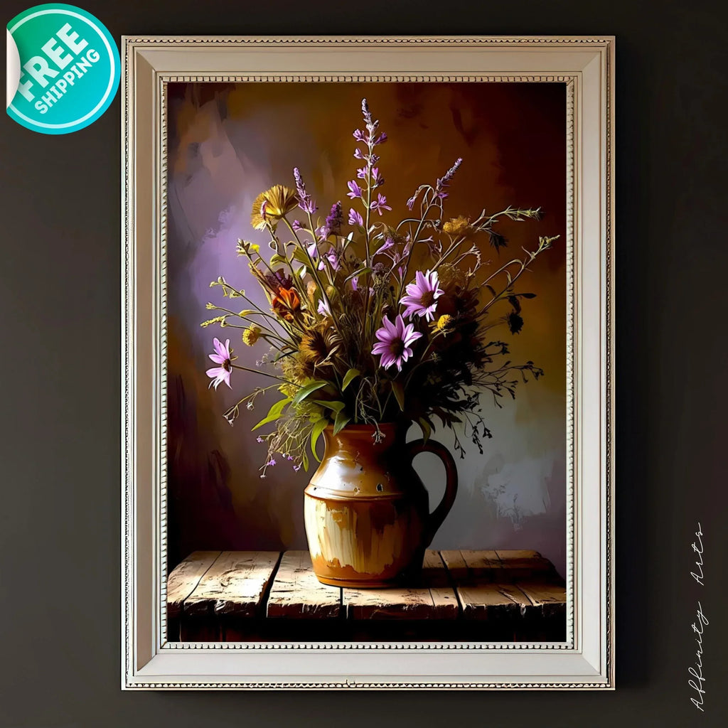 Wildflower Canvas Print: Rustic Floral Painting in Clay Jug - AffinityArts 