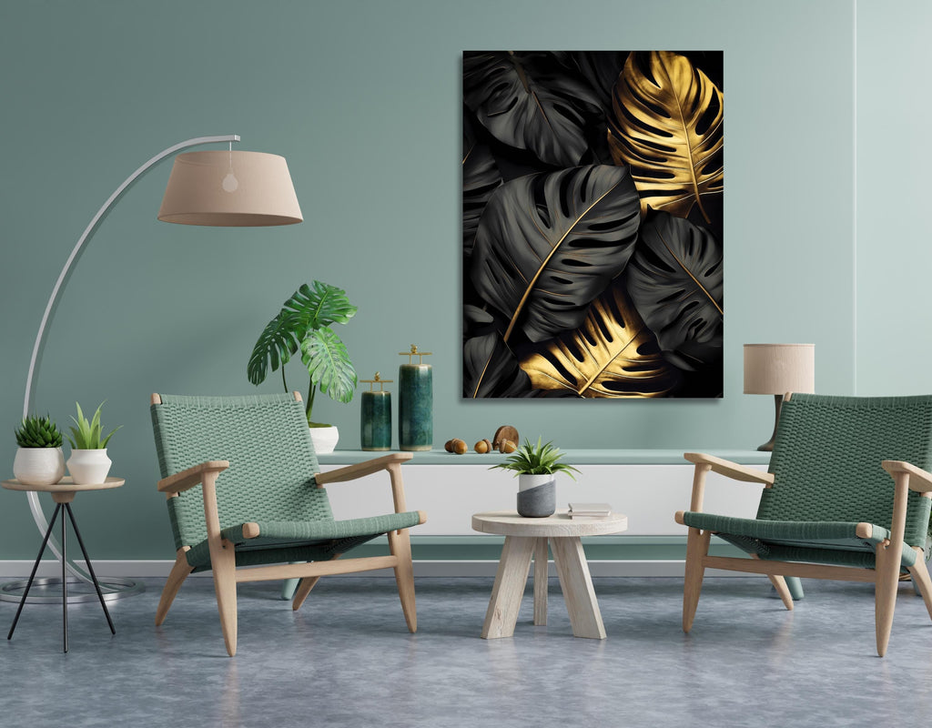 Black and Gold Monstera Leaf Wall Art: Botanical Print, Modern Decor AffinityArts