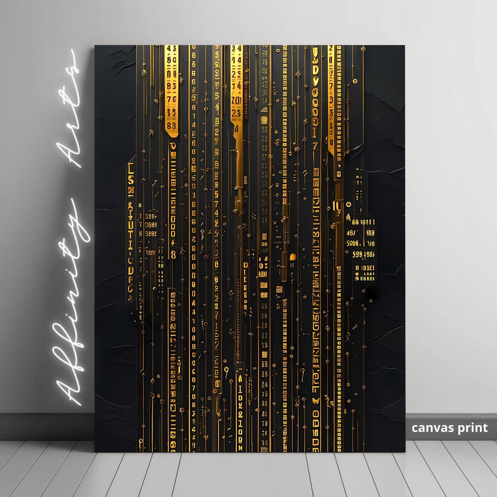 Cyberpunk Circuit Wall Art - Futuristic Gold Digital Code Canvas Print AffinityArts
