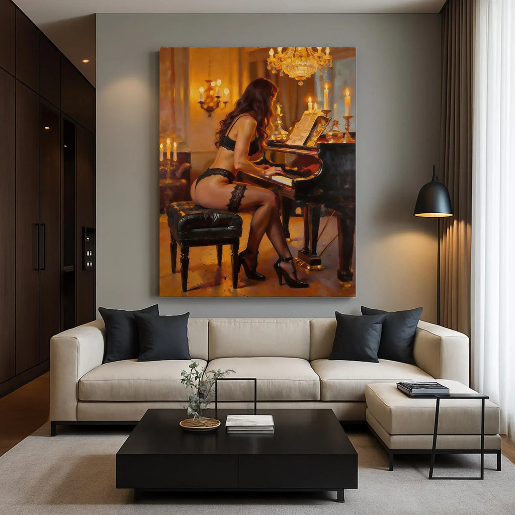 Woman Playing Piano Art Poster, Golden Candlelight Interior Wall Art Print, Premium Paper, Multiple Sizes - AffinityArts 