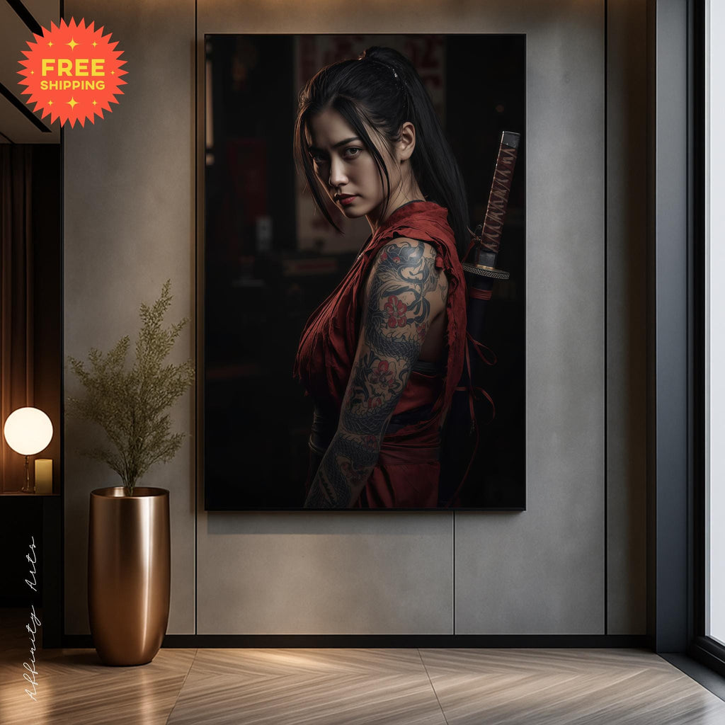 Samurai Woman Poster, Tattooed Female Warrior Wall Art, Japanese Style Print, Premium Paper, Digital Download Available AffinityArts
