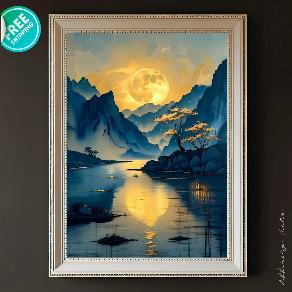 Moonlit Mountain River Canvas Art: Tranquil Asian Landscape Painting - AffinityArts 