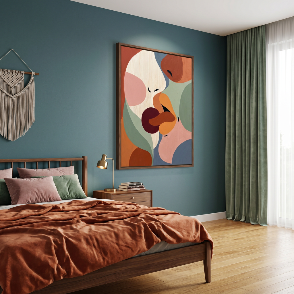 Abstract Couple Kiss Print – Romantic Boho Sage Green Terracotta Bedroom Art
