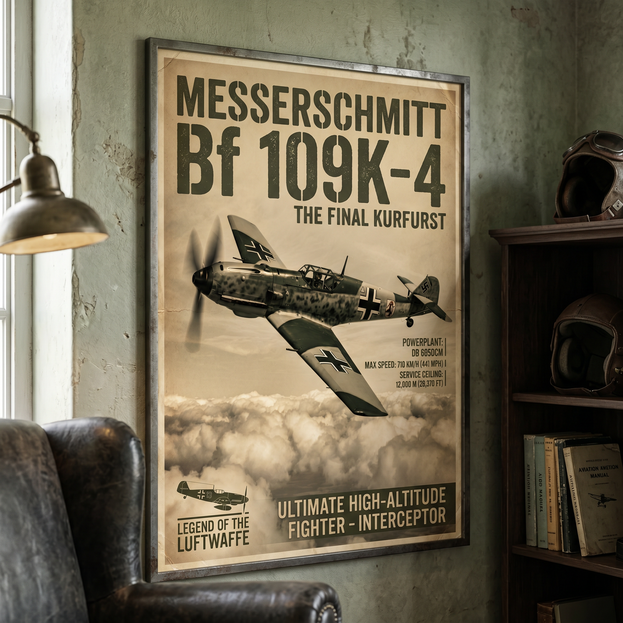 Dark wall, warm spotlight, history staring back — Bf 109 aviation poster in home office setting