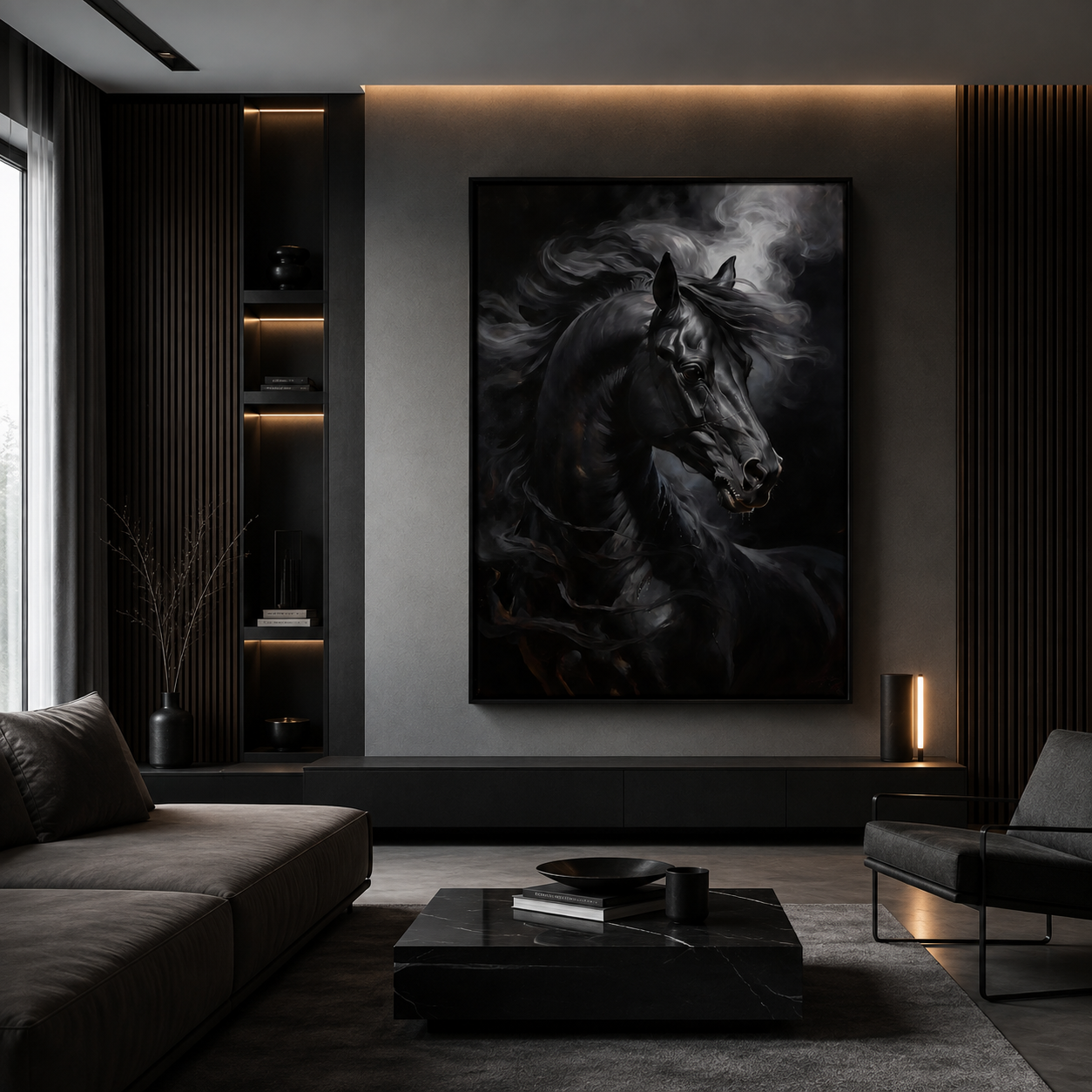 Black Stallion Wall Art Poster, Dark Fantasy Horse Print, Premium Paper Art, Horse Portrait, Digital Download Available