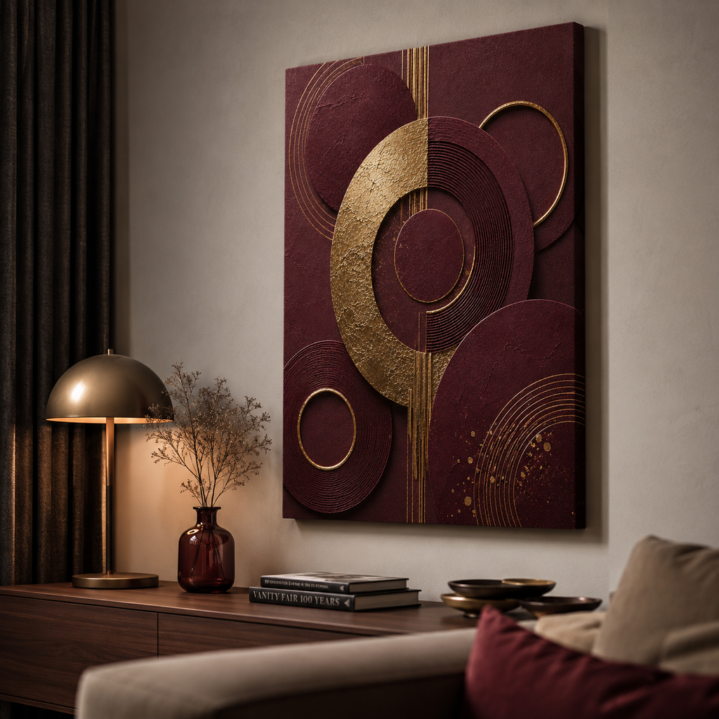 Burgundy canvas print faux gold texture wall art gallery wrap, jewel-tone ring design for rich statement décor.