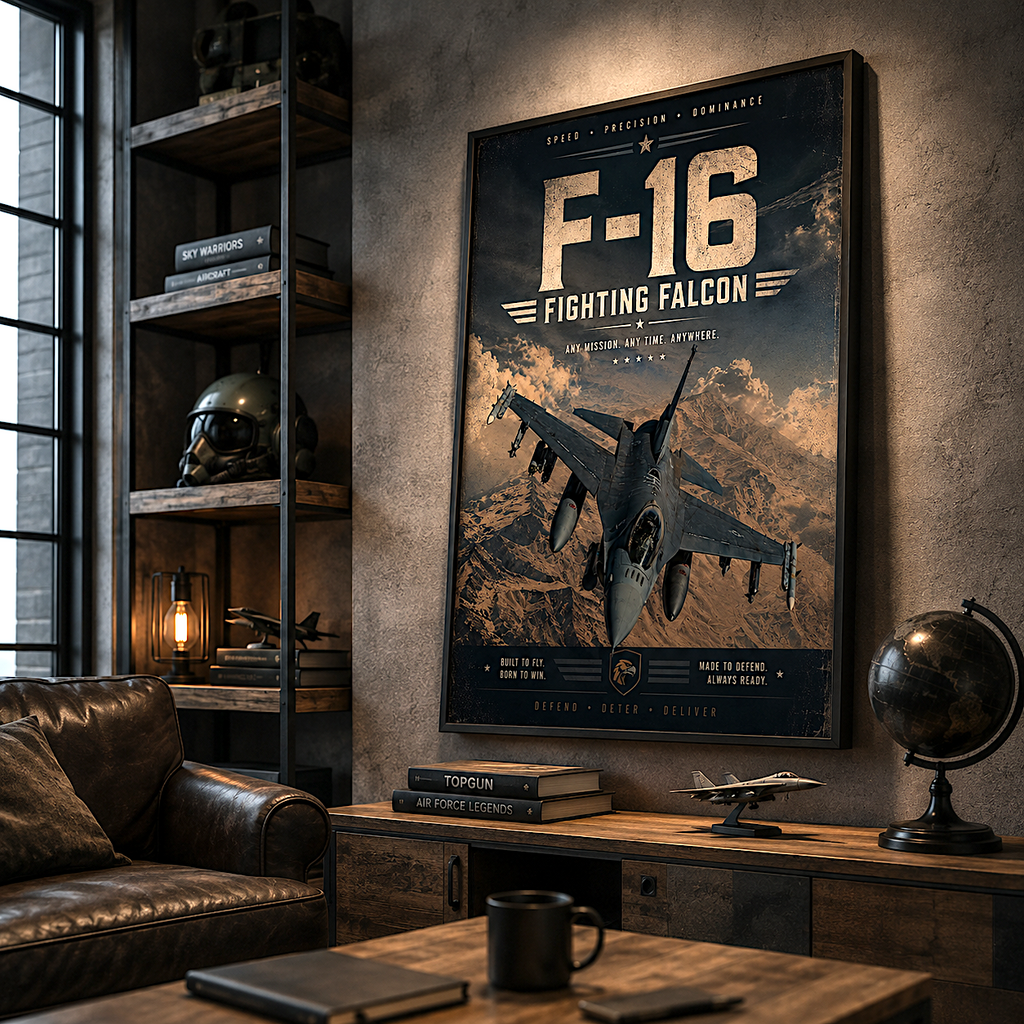 F-16 Fighting Falcon fighter jet poster - vintage military aviation wall art print for office or veteran gift
