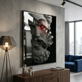 Cracked marble Greek statue with glowing red robotic eye — cyberpunk decor wall art for dark office or gaming room
