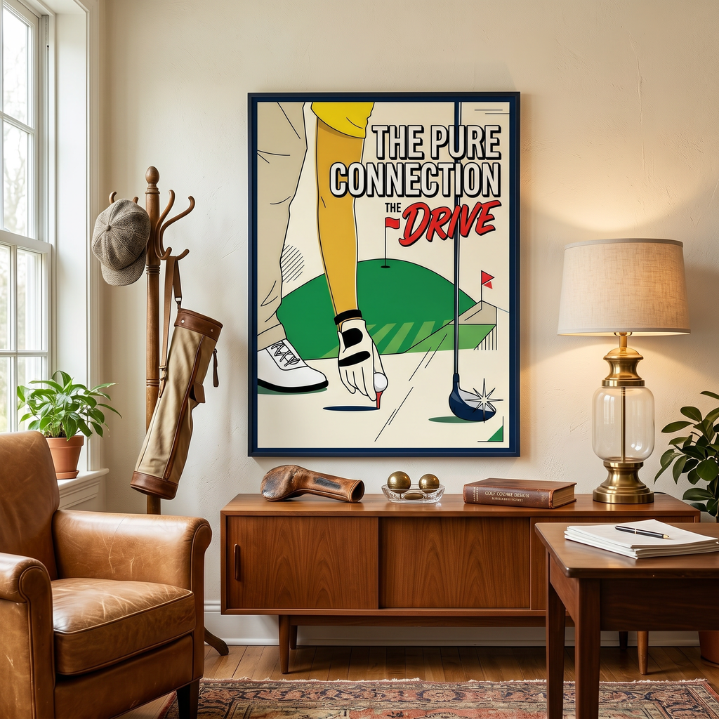 Retro golf wall art in home office — golf decor print, warm white wall, framed vintage poster style