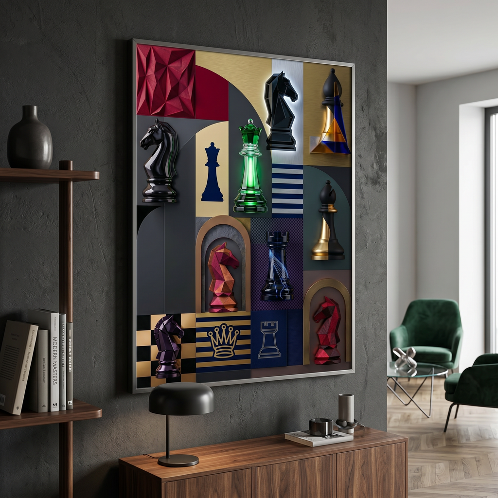 Abstract chess wall art — collage of twelve chess pieces in black, gold, emerald and burgundy, canvas print or poster