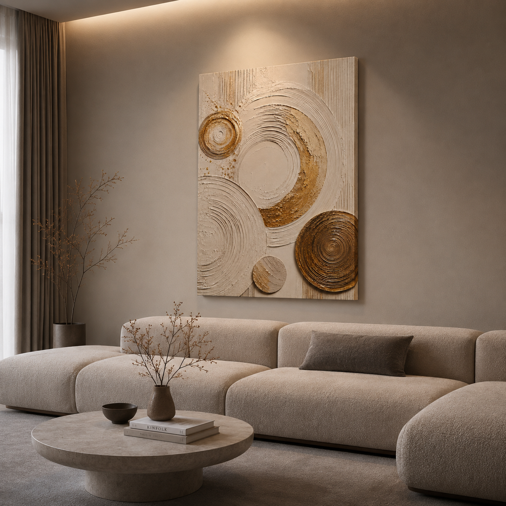 Cream canvas print faux texture wall art gallery wrap, soft gold splatter abstract circles for neutral home décor.