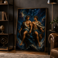 Gemini zodiac art print featuring twin warriors under a glowing constellation
