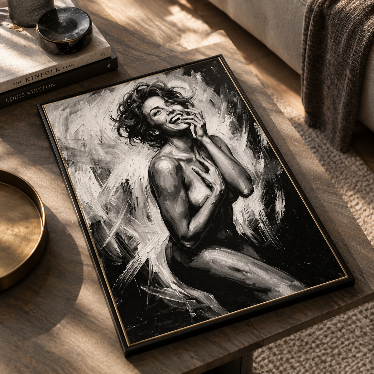Happy woman art print styled in a bright minimalist dressing area