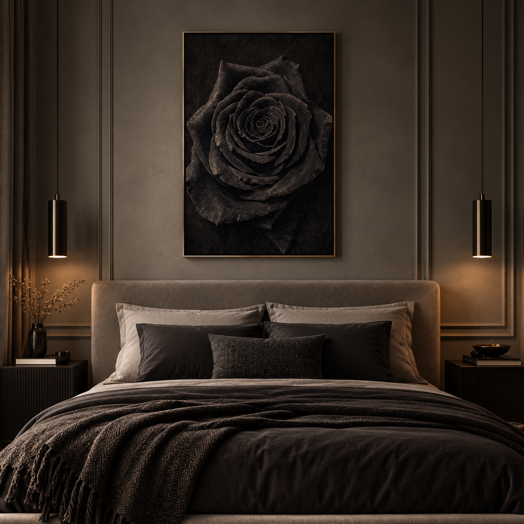 Tightly wound center of the dark rose showing fine folds and soft sepia edge light