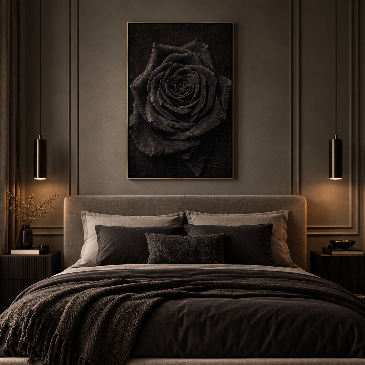 Tightly wound center of the dark rose showing fine folds and soft sepia edge light