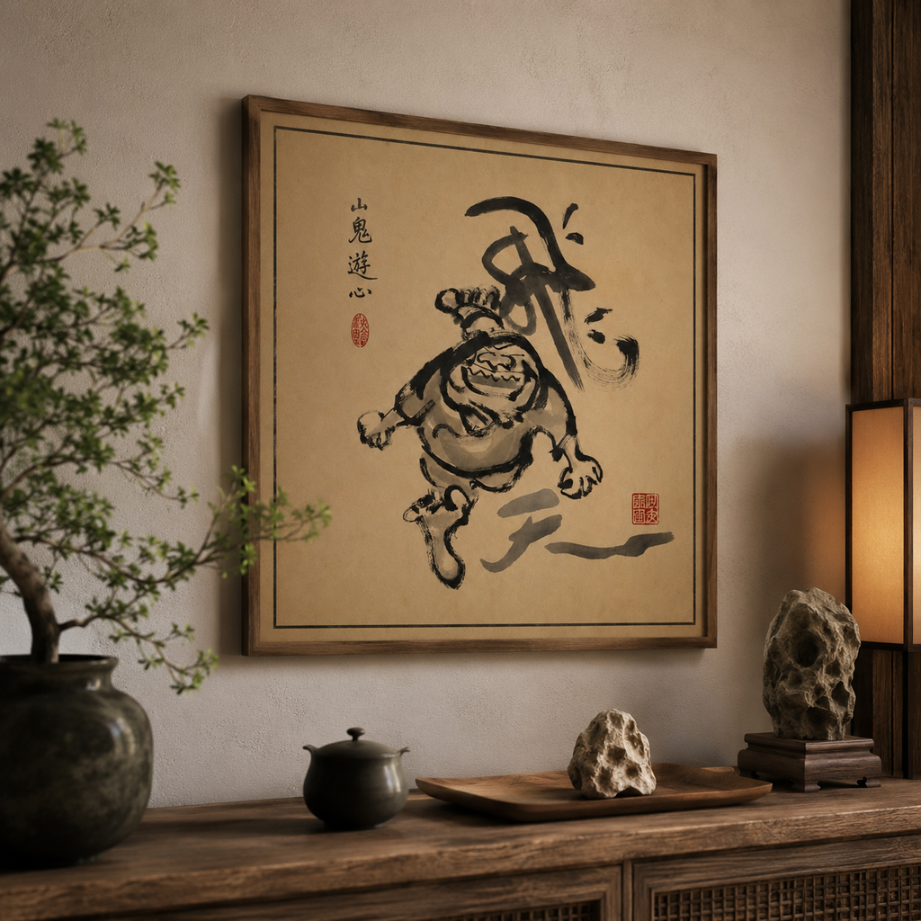Zen kanji art print — black ink calligraphy on aged paper, minimalist Japandi wall decor