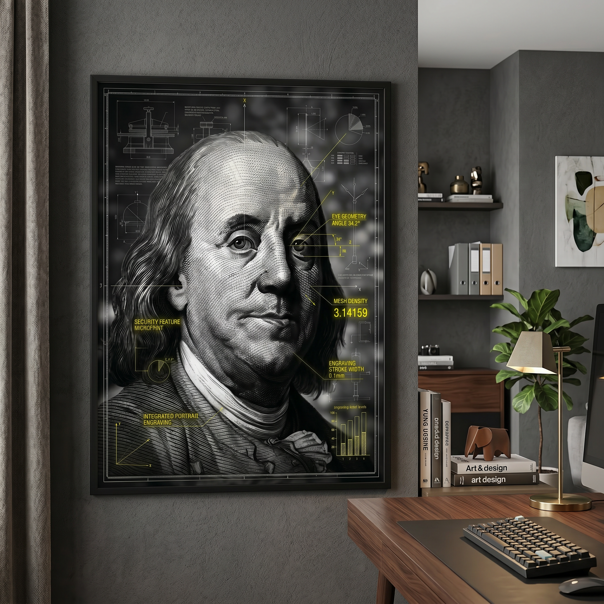 Franklin blueprint poster print above desk – office decor wall art, trendy engraving portrait print