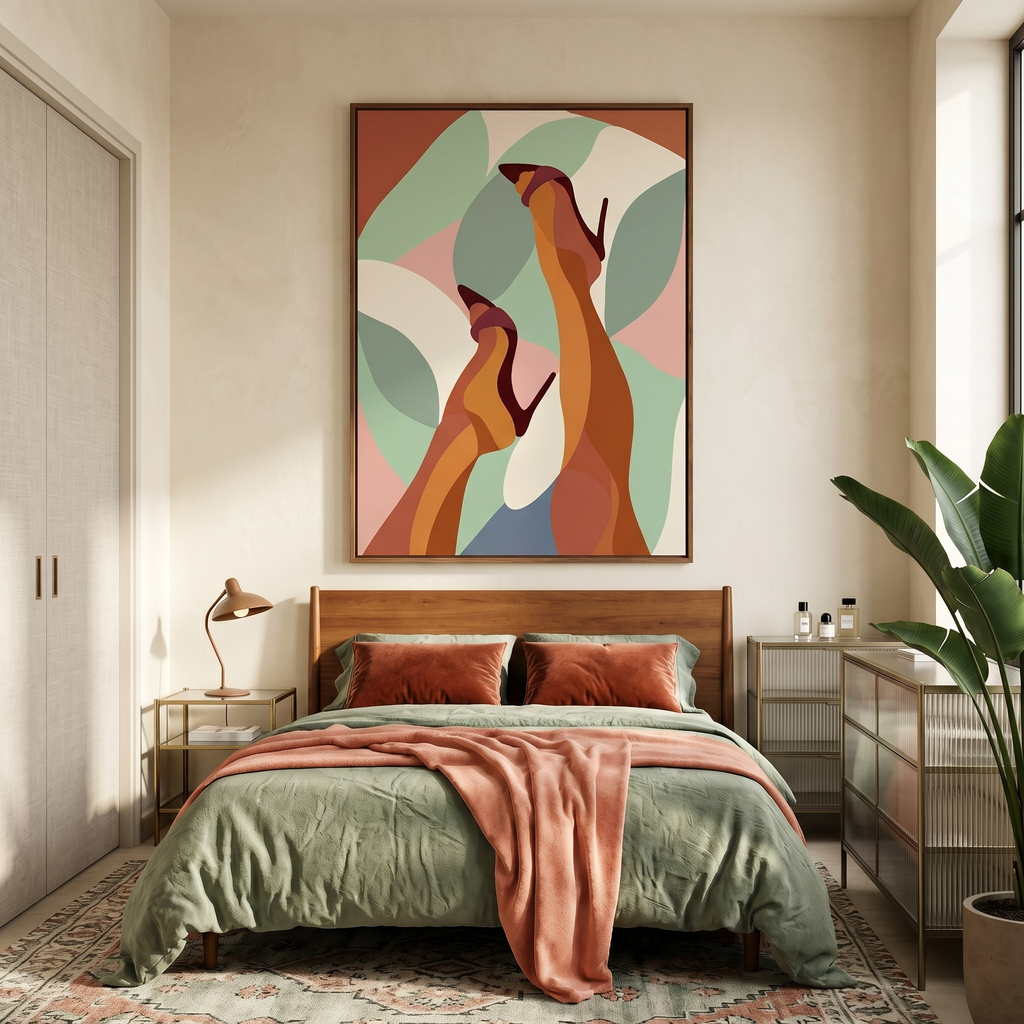 Sage green wall art — abstract heels print, terracotta and dusty pink background, vertical format