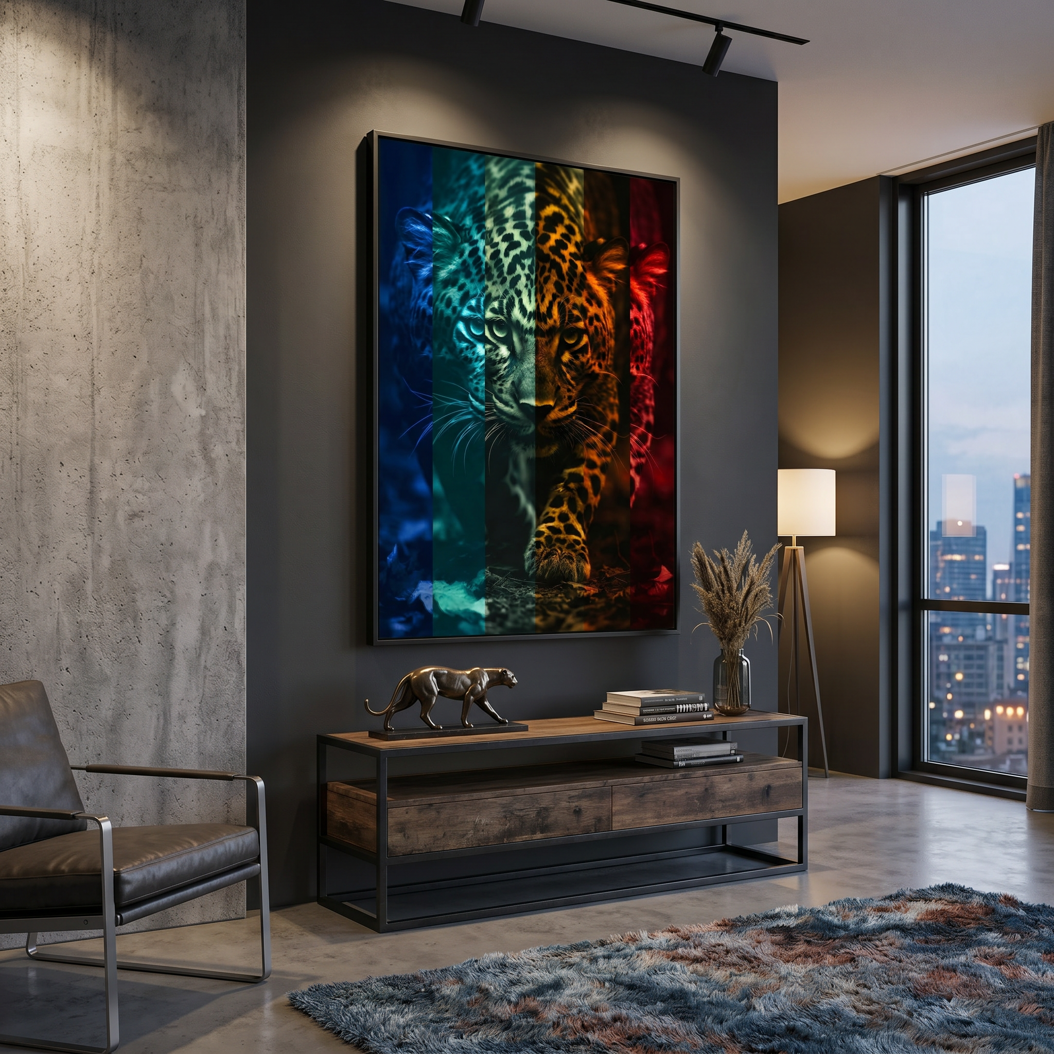 Bold cat wall art glowing against a charcoal living room wall