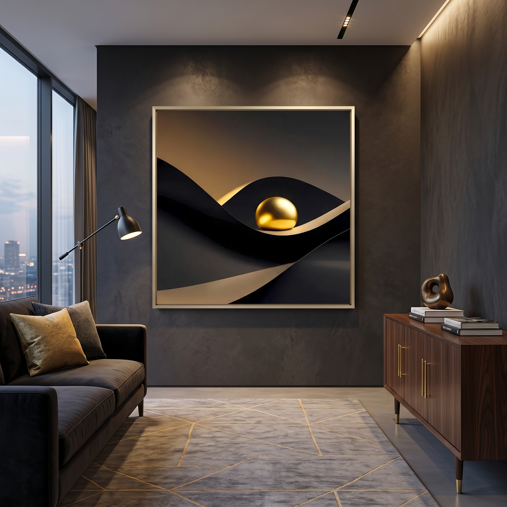 Elegant black matte surface with gleaming gold sphere, modern wall decor
