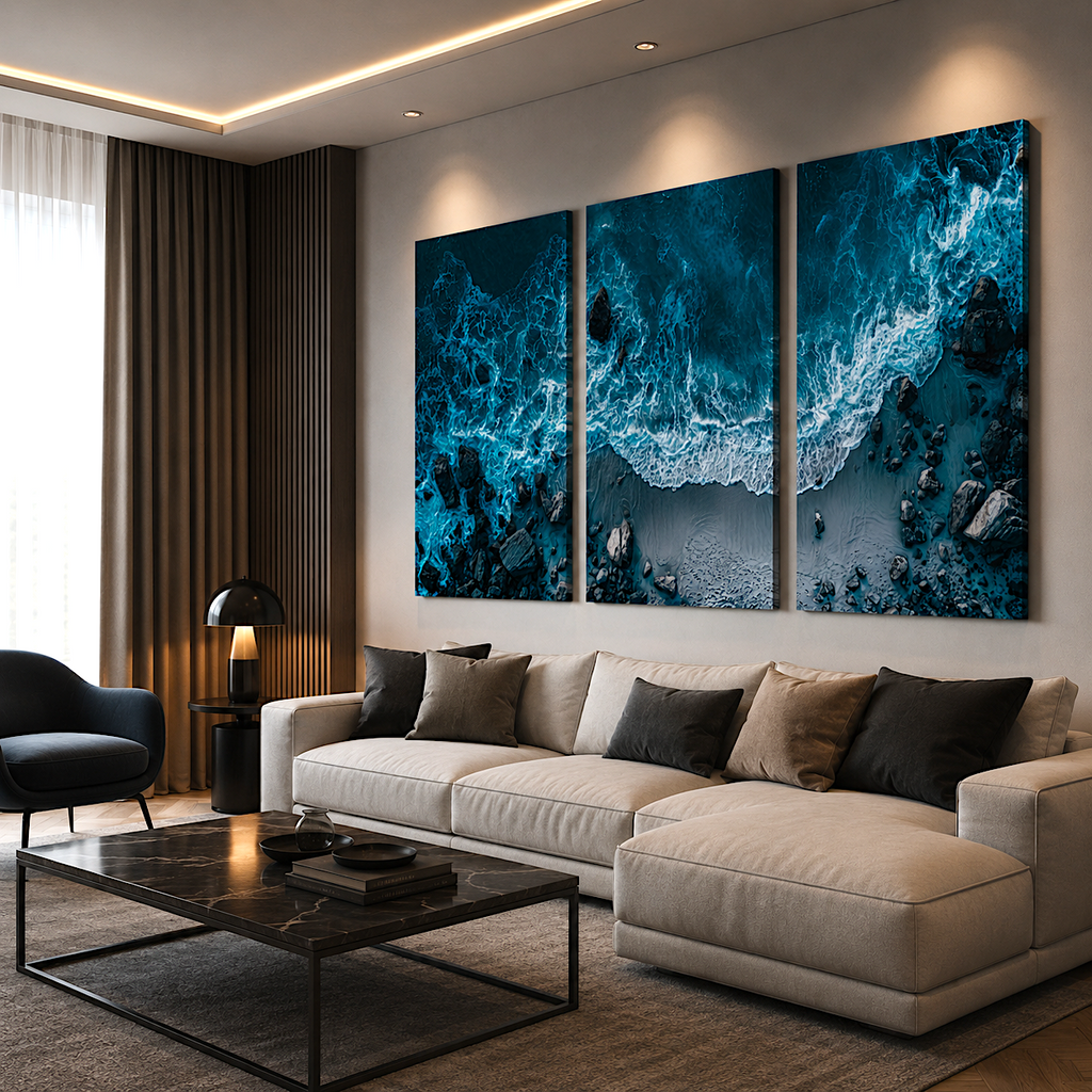 Ocean wave print triptych hanging above sofa in modern living room