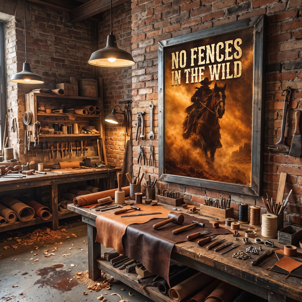 Premium matte paper poster print of a cowboy on horse, warm amber and brown tones