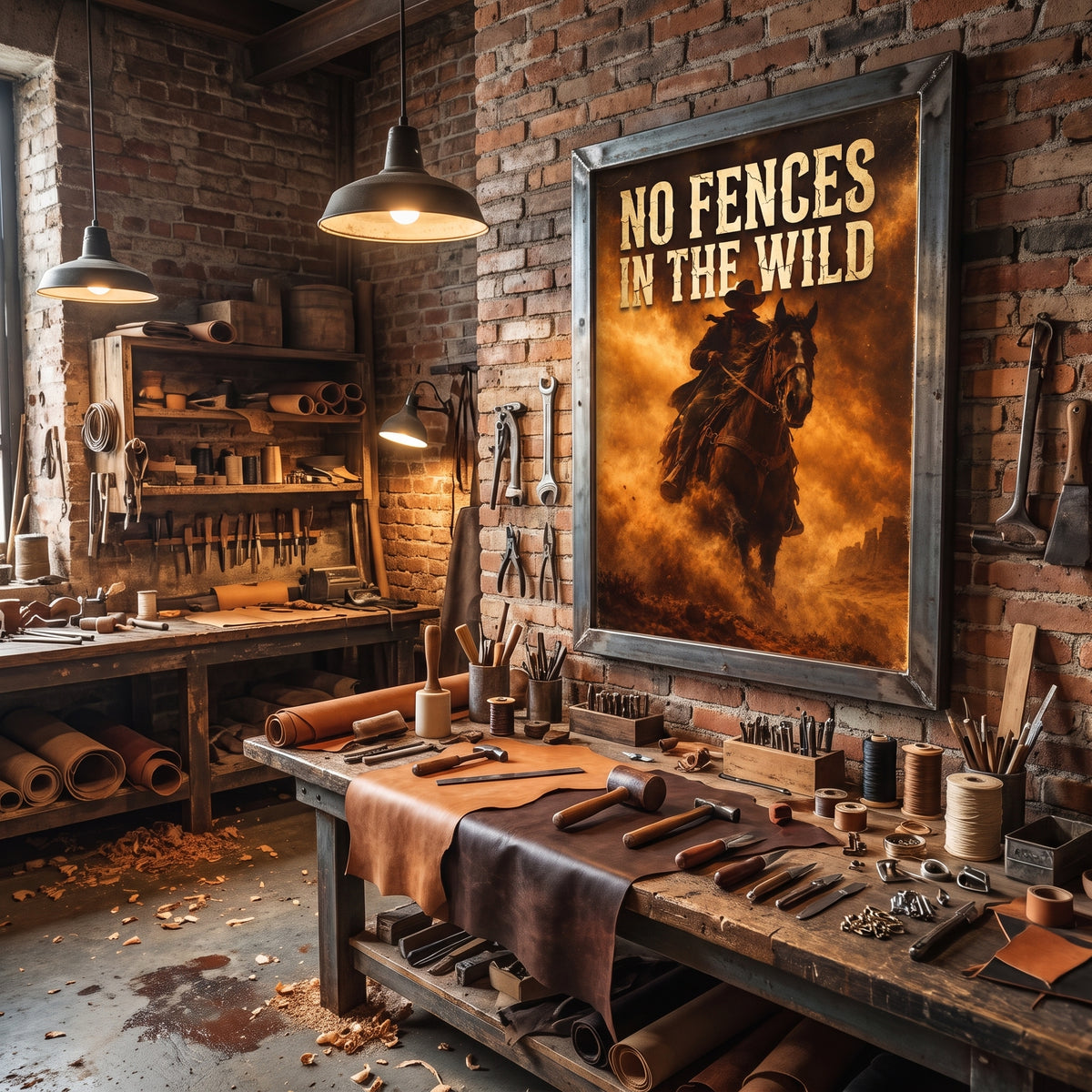 Premium matte paper poster print of a cowboy on horse, warm amber and brown tones