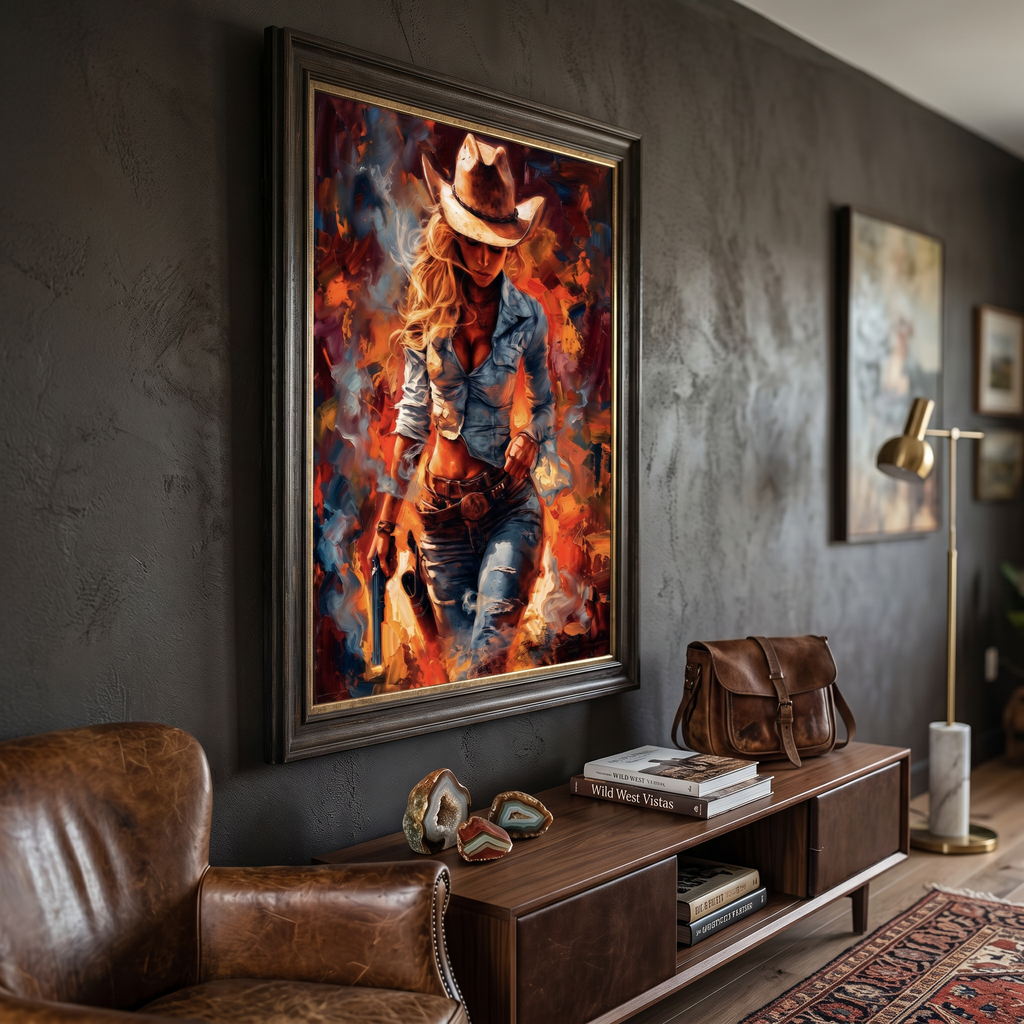 Wild west art print — blonde cowgirl figure, abstract expressionist style, archival quality
