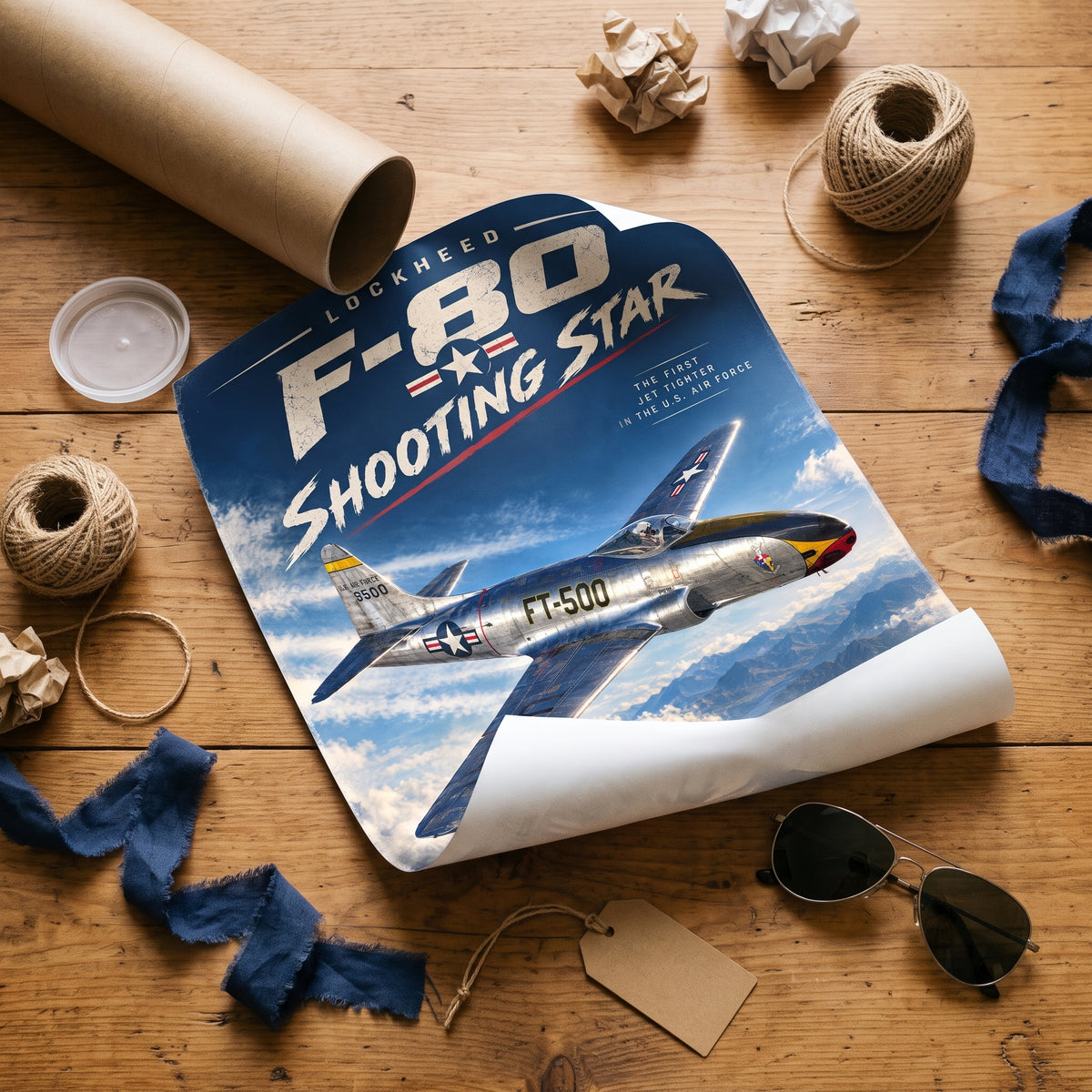 F-80 Shooting Star air force poster with bold distressed cream title lettering on a deep navy blue sky