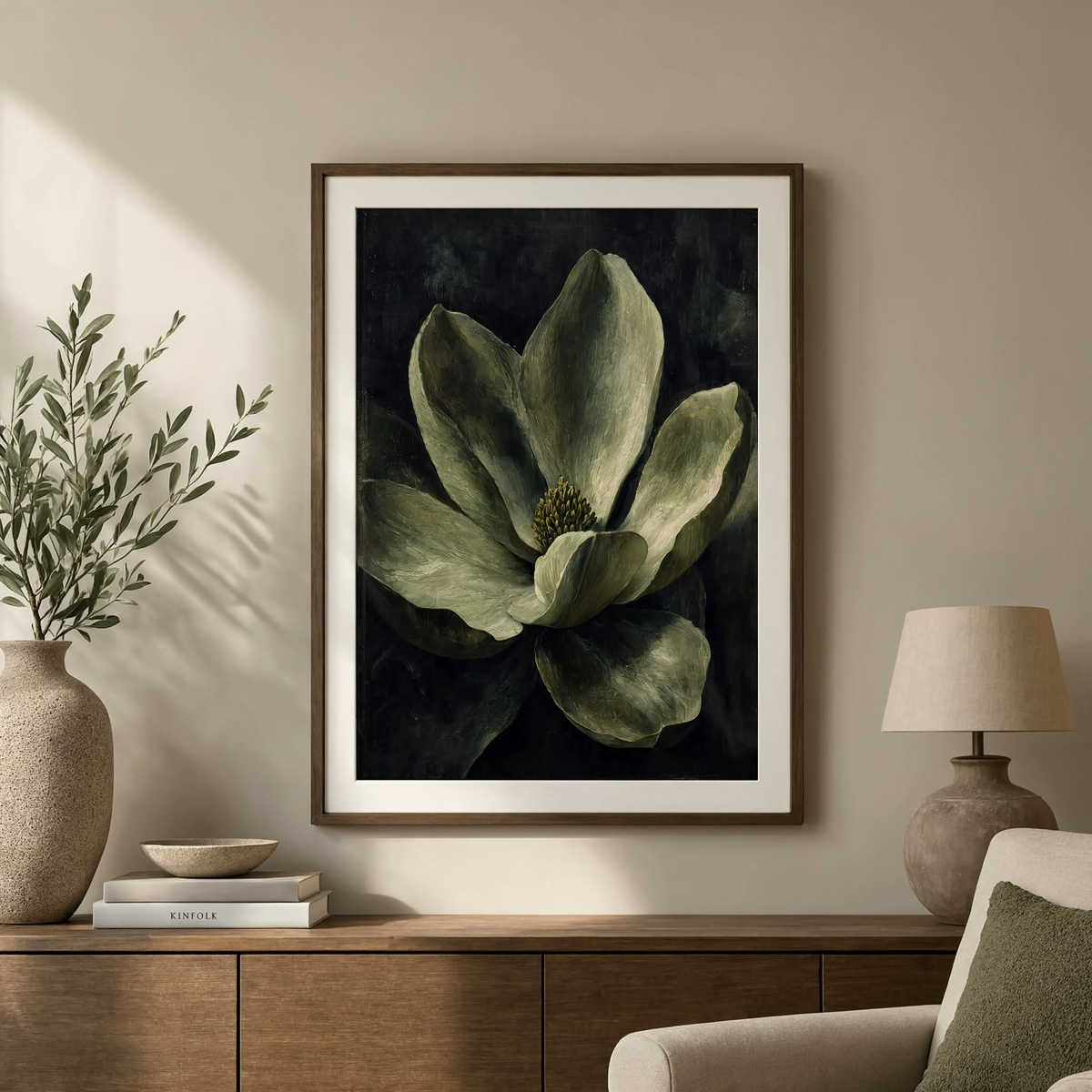 Color palette of the magnolia artwork: olive green, sage, cream, golden olive and deep charcoal black