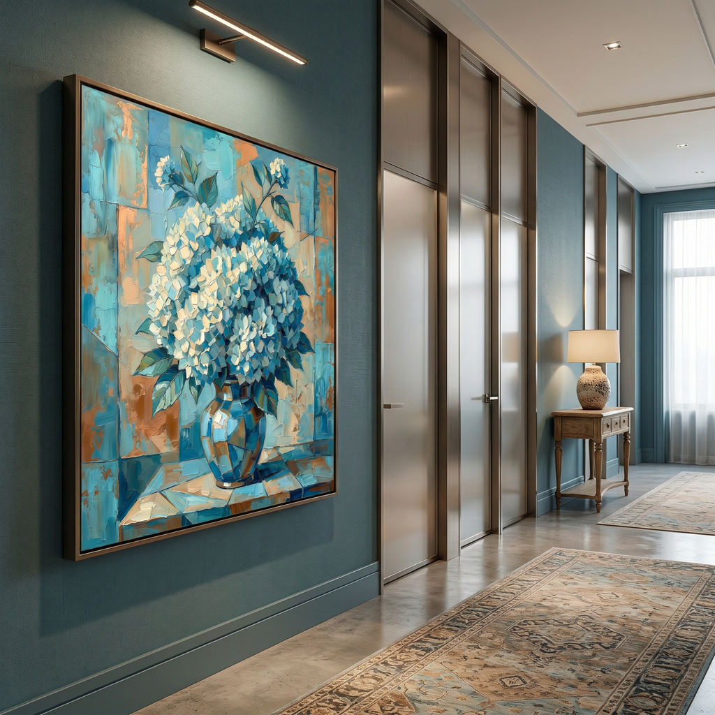 Copper and teal fragments glow under a spotlight — hydrangea art that turns a forgotten corner into a reason to pause