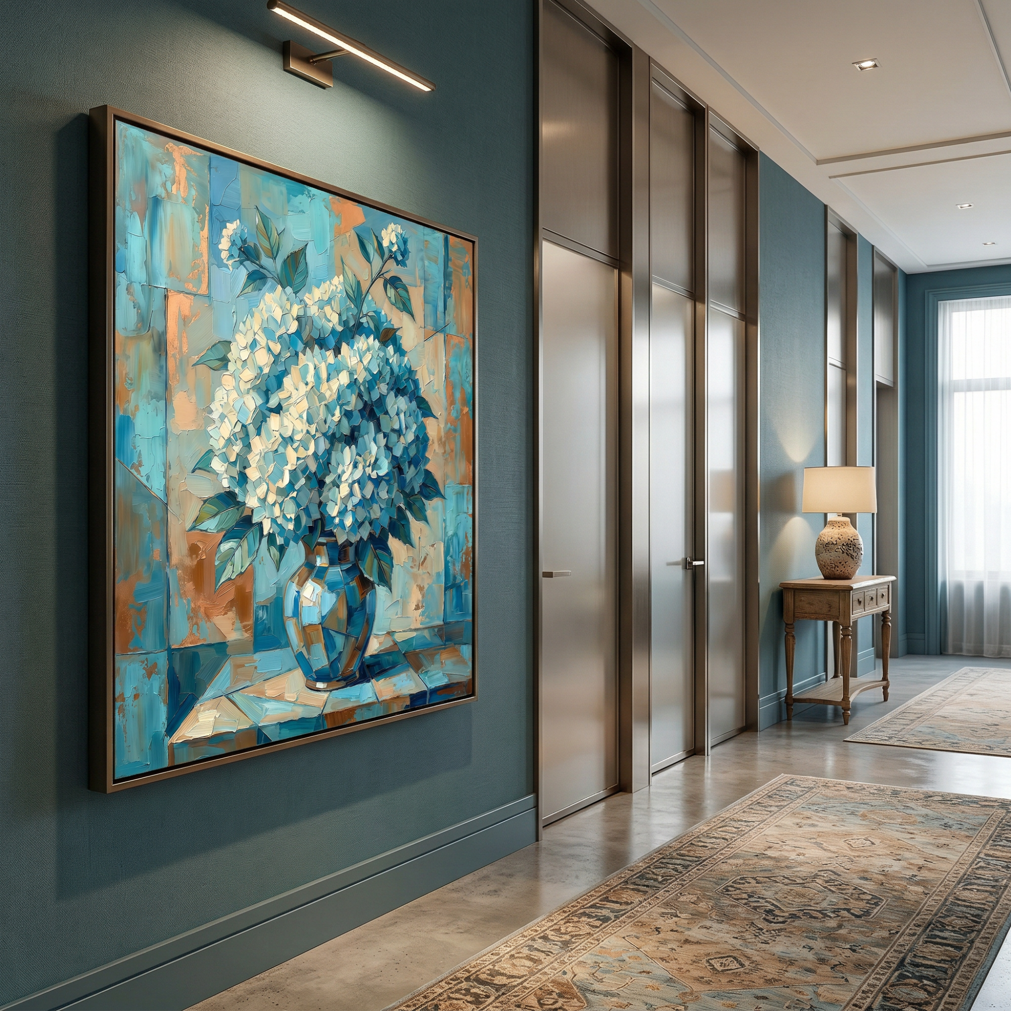 Copper and teal fragments glow under a spotlight — hydrangea art that turns a forgotten corner into a reason to pause