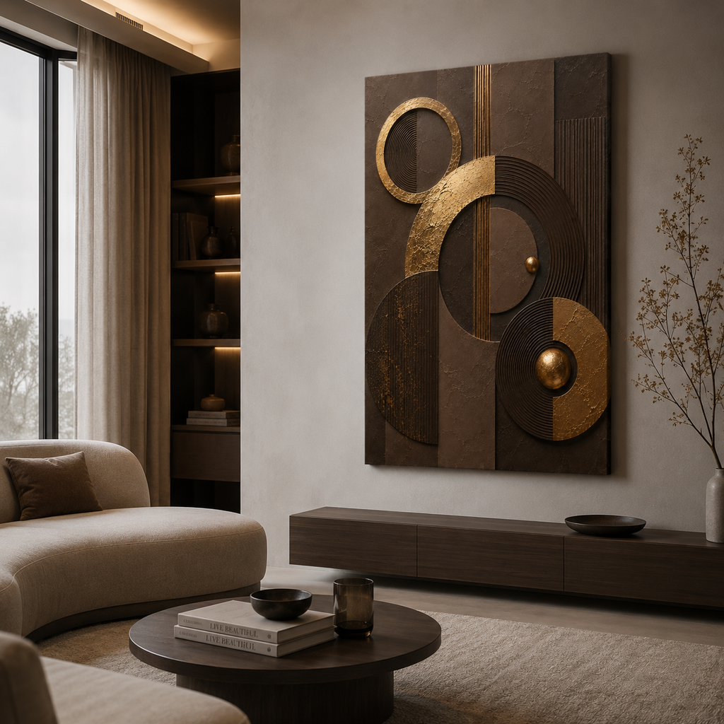 Chocolate brown canvas print faux gold texture wall art gallery wrap, moody sphere circle design for rich home décor.