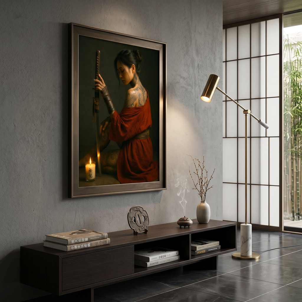 Japanese art print on charcoal wall — samurai woman red kimono, dark art, premium matte poster