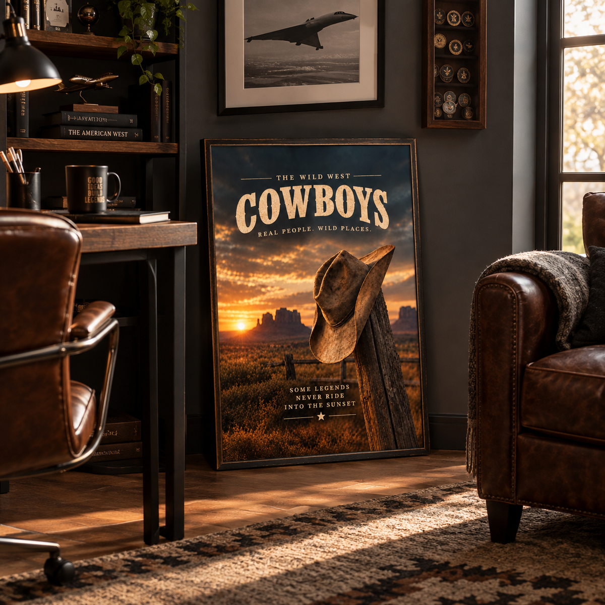 Rustic ranch decor poster with a cowboy hat and the tagline "Real people. Wild places."