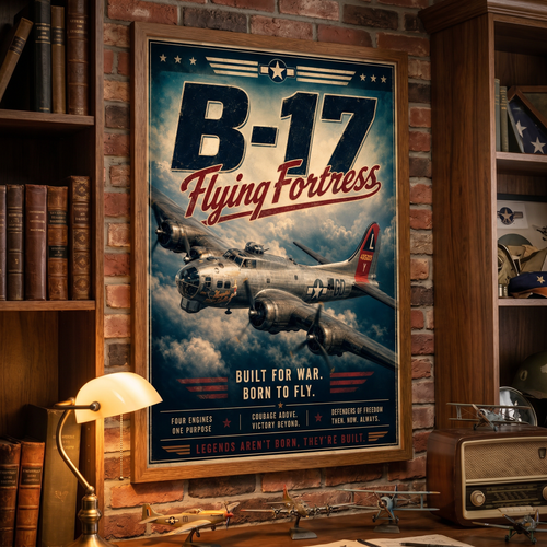 Vintage b17 flying fortress art bringing bold WWII history and quiet pride into any room.