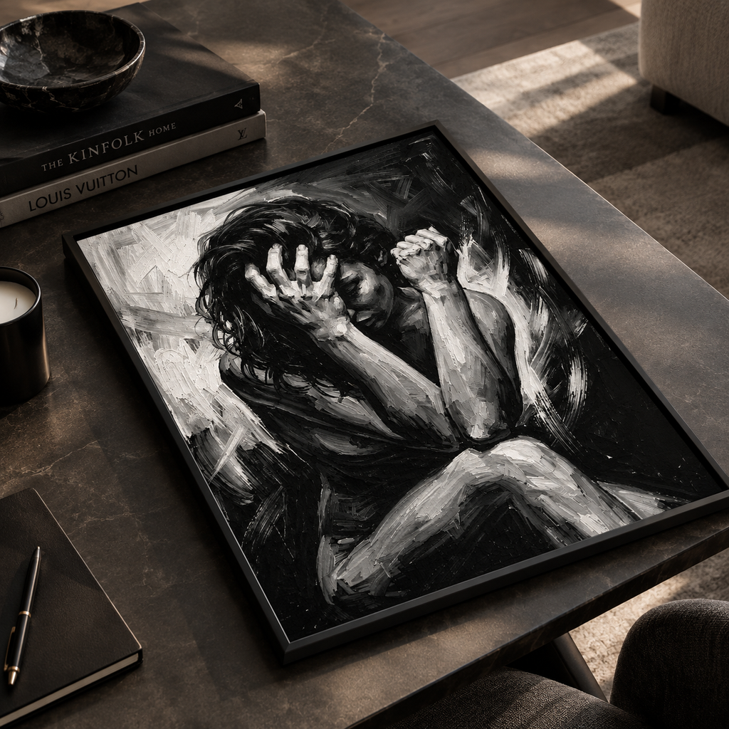 Emotional wall art print styled in a minimalist reading nook