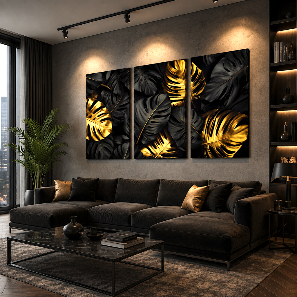 Gold monstera leaf glowing against black canvas above a moody entryway console