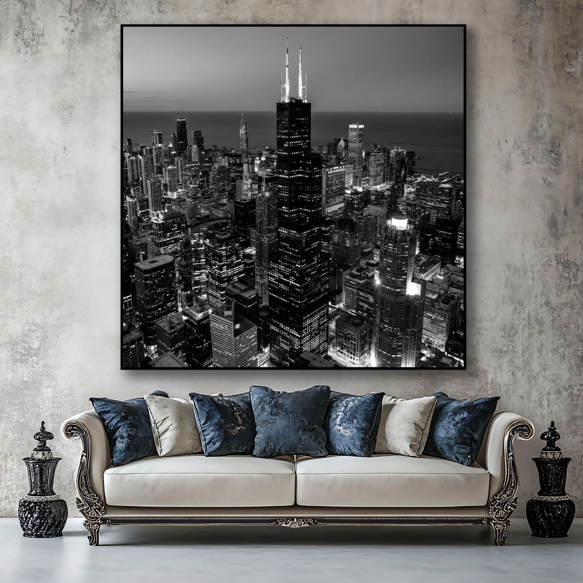 High-angle black and white photograph of Chicago Loop district lit up at night
